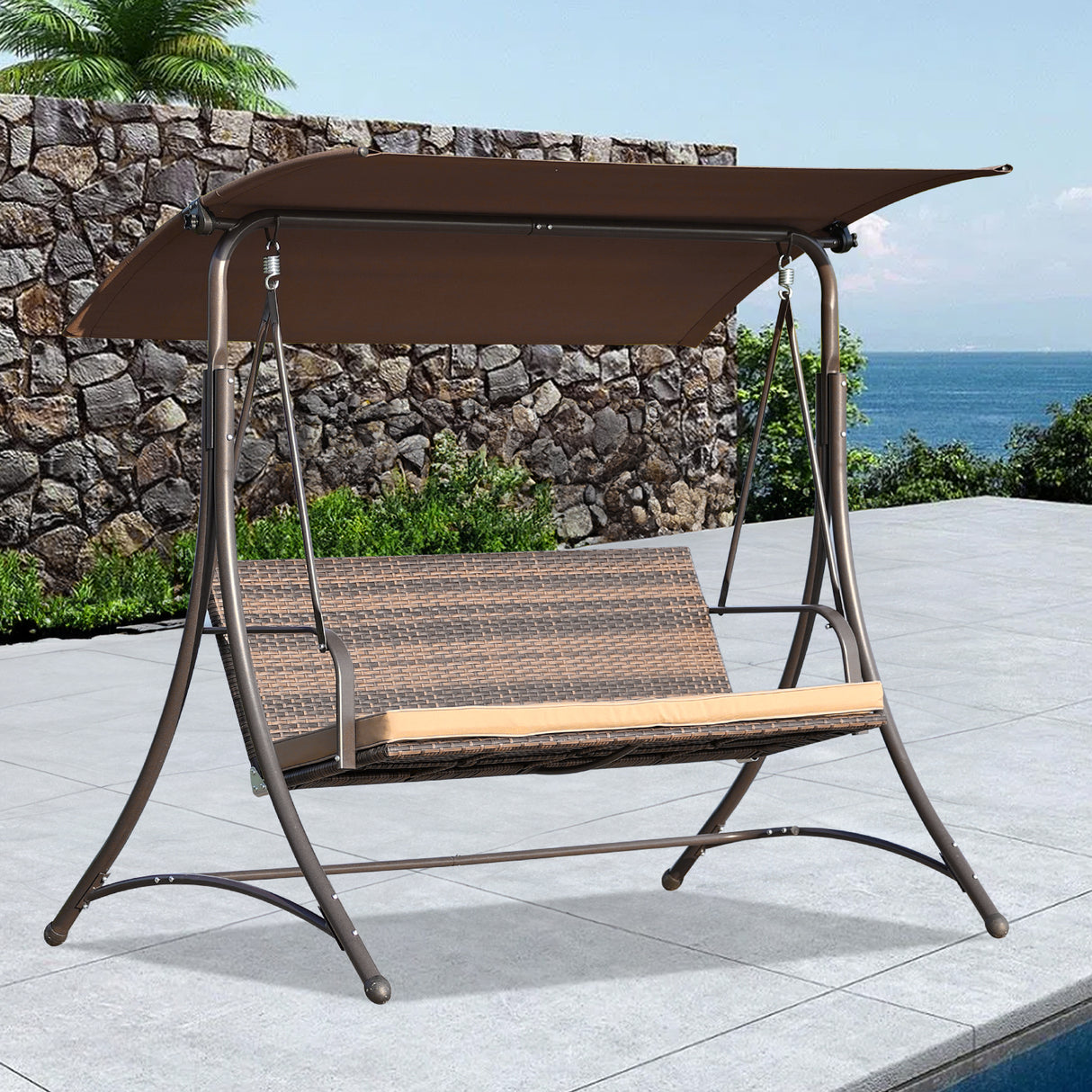 Gartenschaukel 159T, mit braunem Dach und gewebtem Rattanstuhl, 170x110x153cm (3 Sitze)