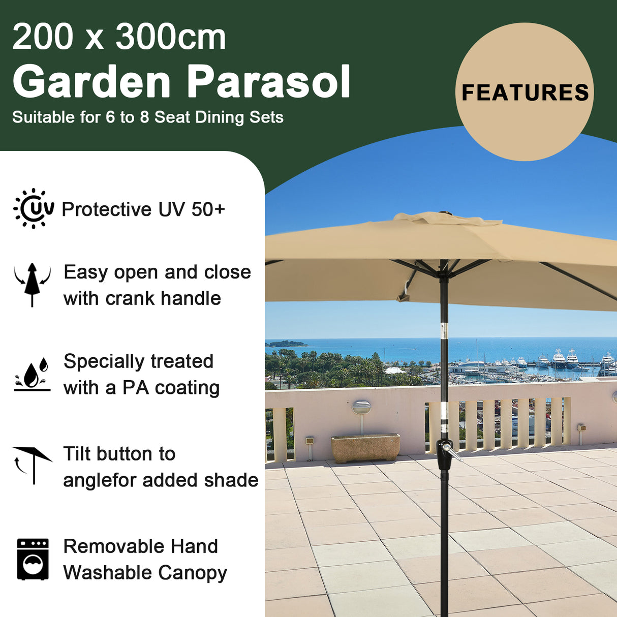 300x200cm Sonnenschirm Rechteck Sonneschirm aus aus Aluminium, Stahl und Polyester