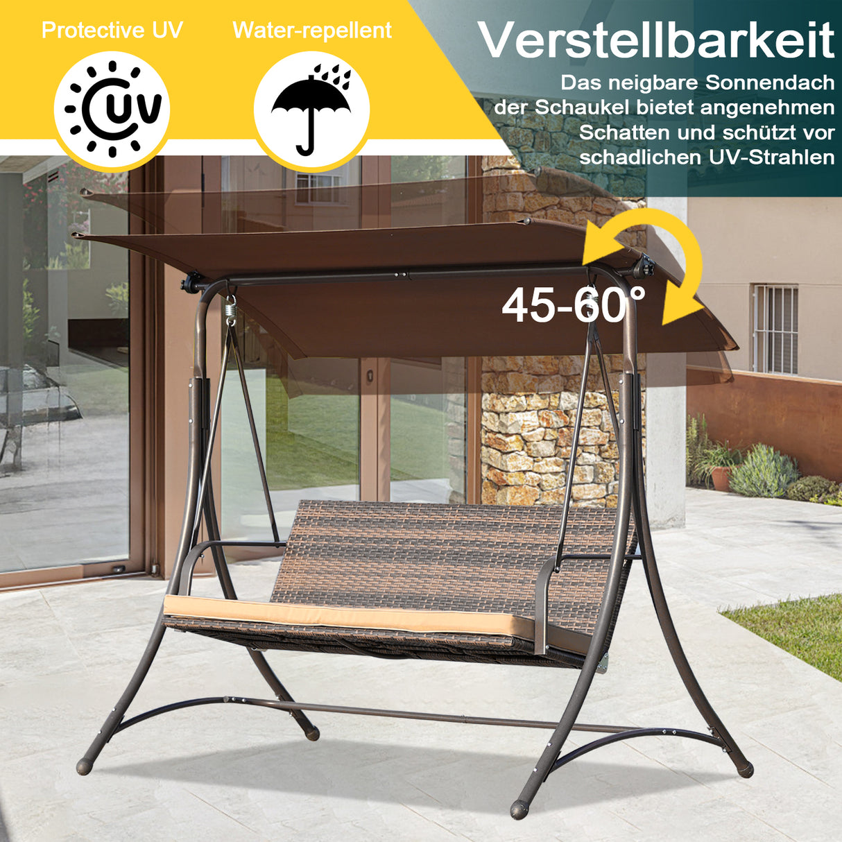Gartenschaukel 159T, mit braunem Dach und gewebtem Rattanstuhl, 170x110x153cm (3 Sitze)