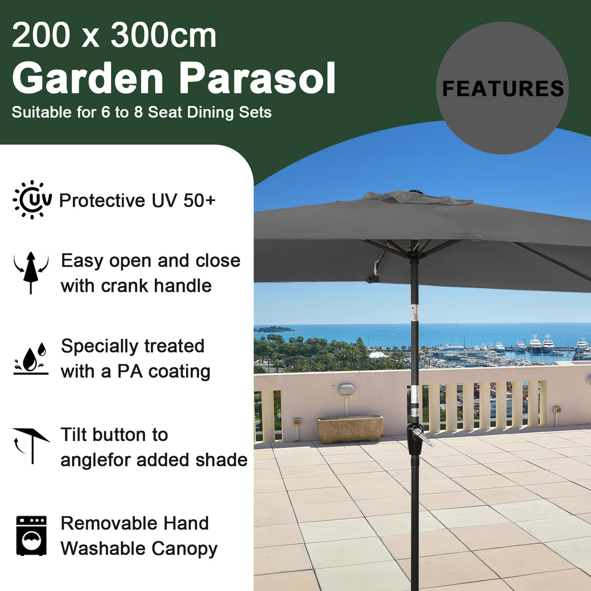 300x200cm Sonnenschirm Rechteck Sonneschirm aus aus Aluminium, Stahl und Polyester