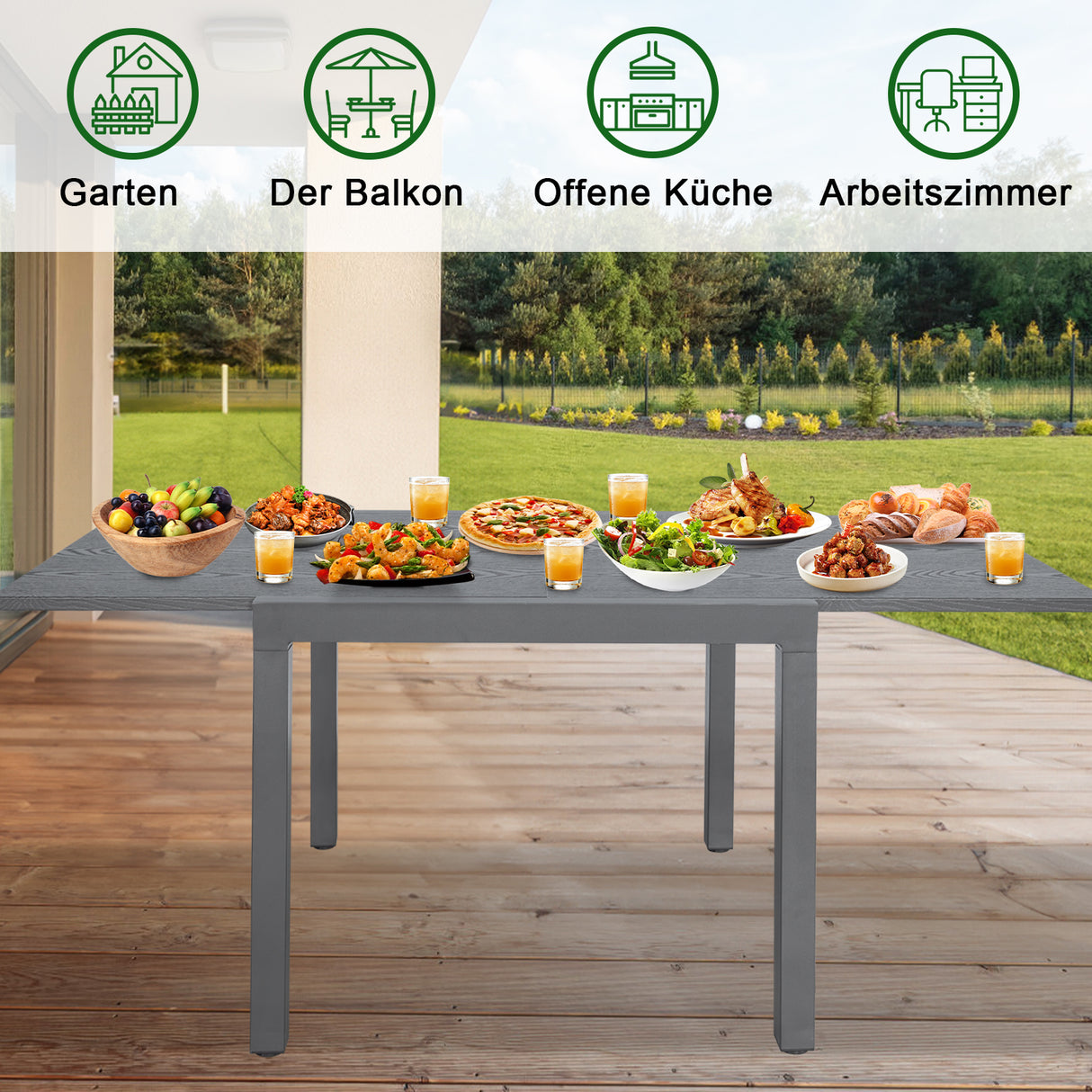 Angel Living Ausziehbarer Gartentisch, Ausziehbarer Außentisch aus Aluminium und Stahl, Gartenmöbel für Balkone und Terrassen, ausziehbar bis 160 cm, 80 x 80 x 75 cm, Dunkelgrau