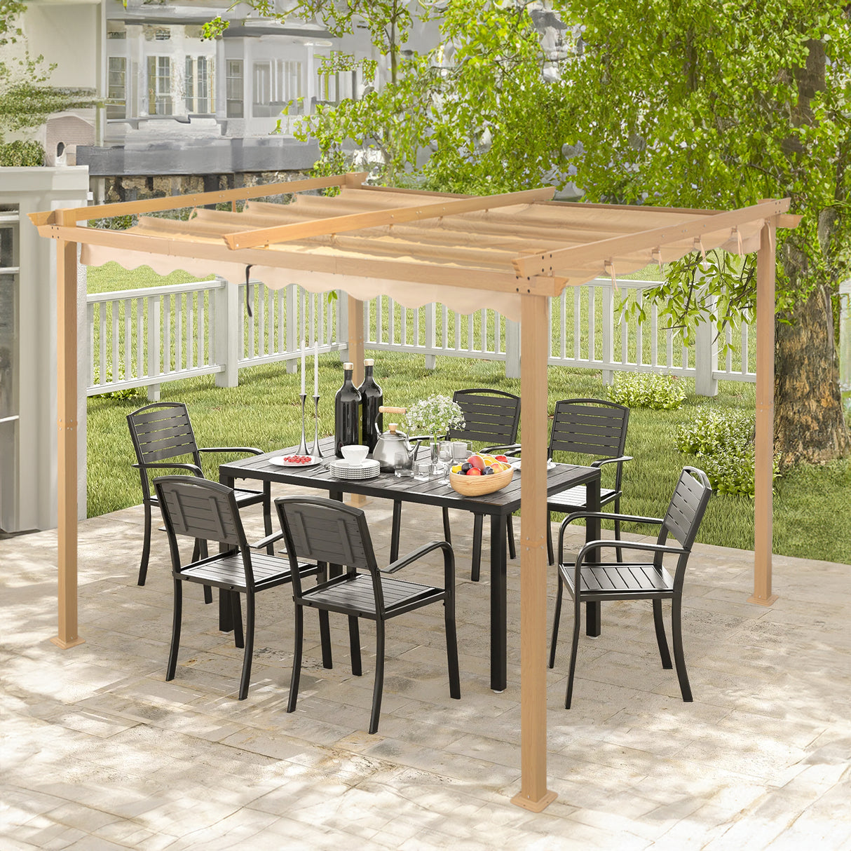 Angel Living Garten Pergola Pavillon Gartenpavillon aus Aluminium in anthrazit, Dachrohre aus Stahl, Verstellbares Dach aus Polyester Cremegelb