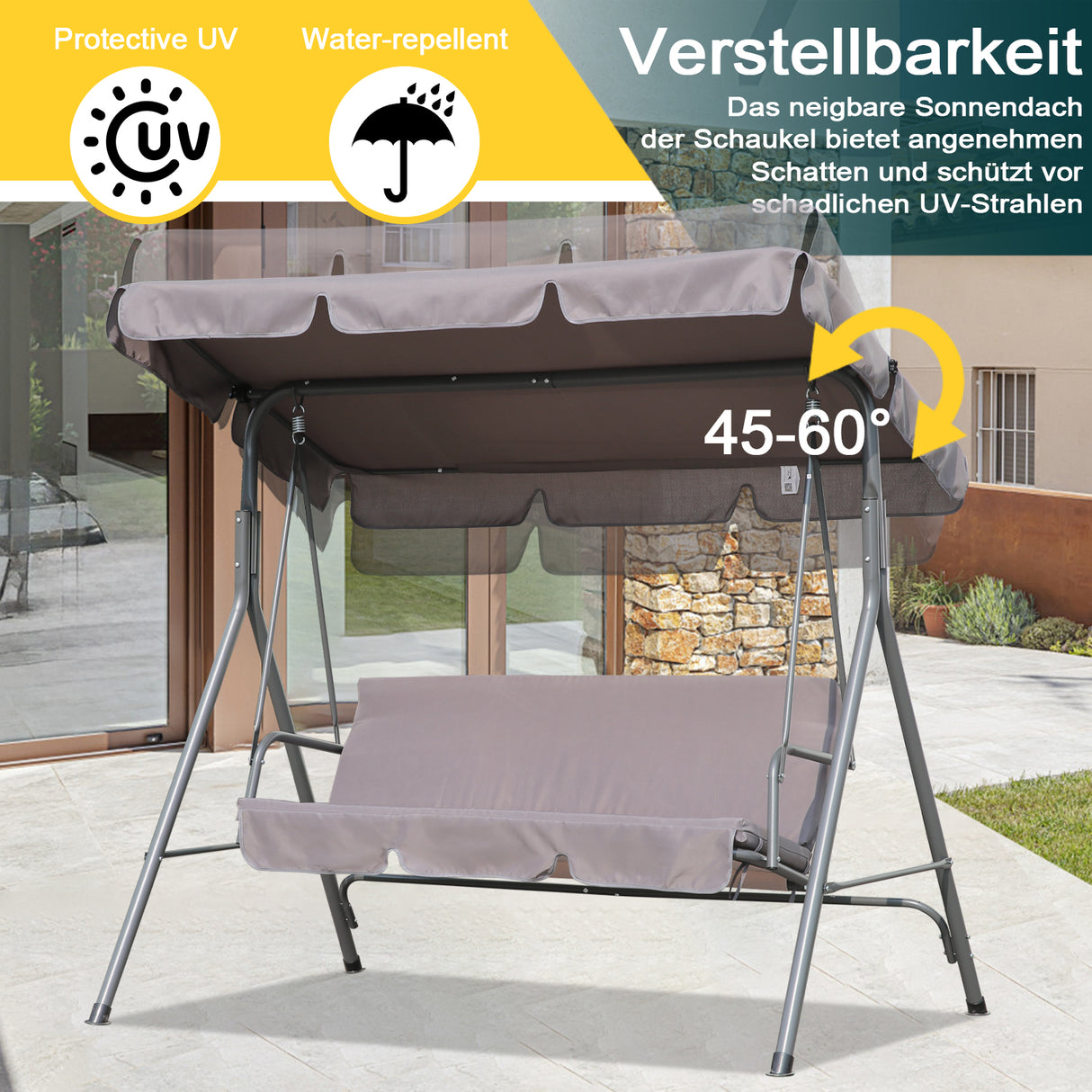 Hollywoodschaukel Gartenschaukel 3 Sitzer mit Sonnenschutz 173x110x151cm