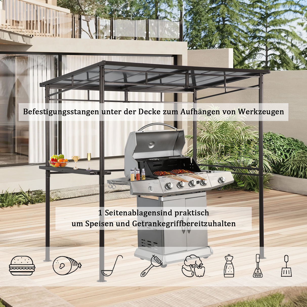 Angel Living Grillpavillon aus Aluminium und Stahl mit PC-Dach, Aluminium-Vordach mit Dunstabzugshaube, Pergola-Pavillon für den Grill mit Stauraum, 1,5 x 2,16 m