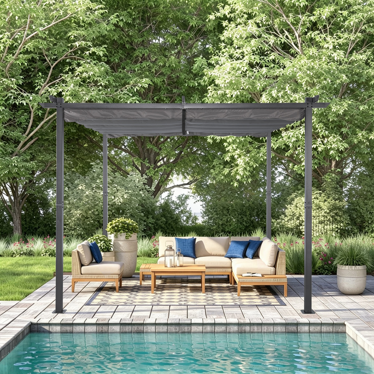 Angel Living Pergola aus einer Stahl-Aluminium-Kombination mit einziehbarem Dach, wasserdichtes Dach aus Polyester mit PU-Beschichtung, UV-beständig, für den Außenbereich: Garten, Terrasse