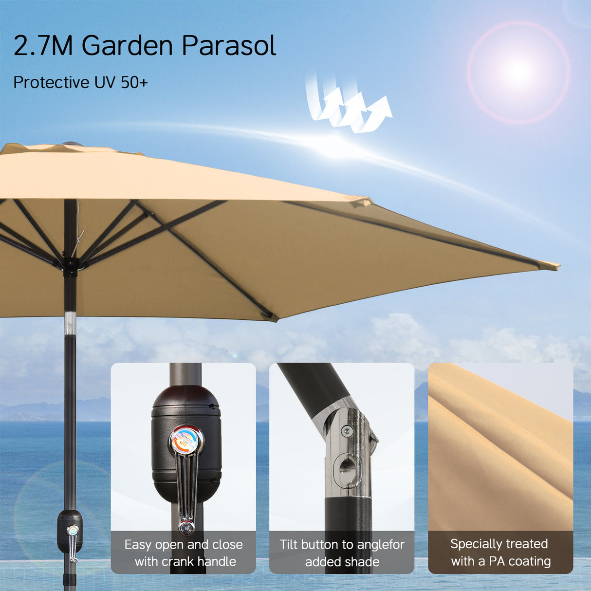 Angel Living Sonnenschirm Ø 270 cm Gartenschirm Marktschirm Terrassenschirm Taupe Rund Sonneschirm Sonnenschutz aus aus Metall, Stahl und Polyester UV50+