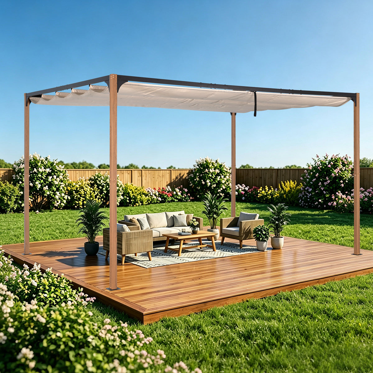 Angel Living Pergola aus einer Stahl-Aluminium-Kombination, 3 x 4 m, mit Einziehbarem Dach, Wasserdichtes Dach ohne Einfassung aus Polyester mit PU-Beschichtung, UV-beständig, für den Außenbereich: Garten, Terrasse (Cremegelb)