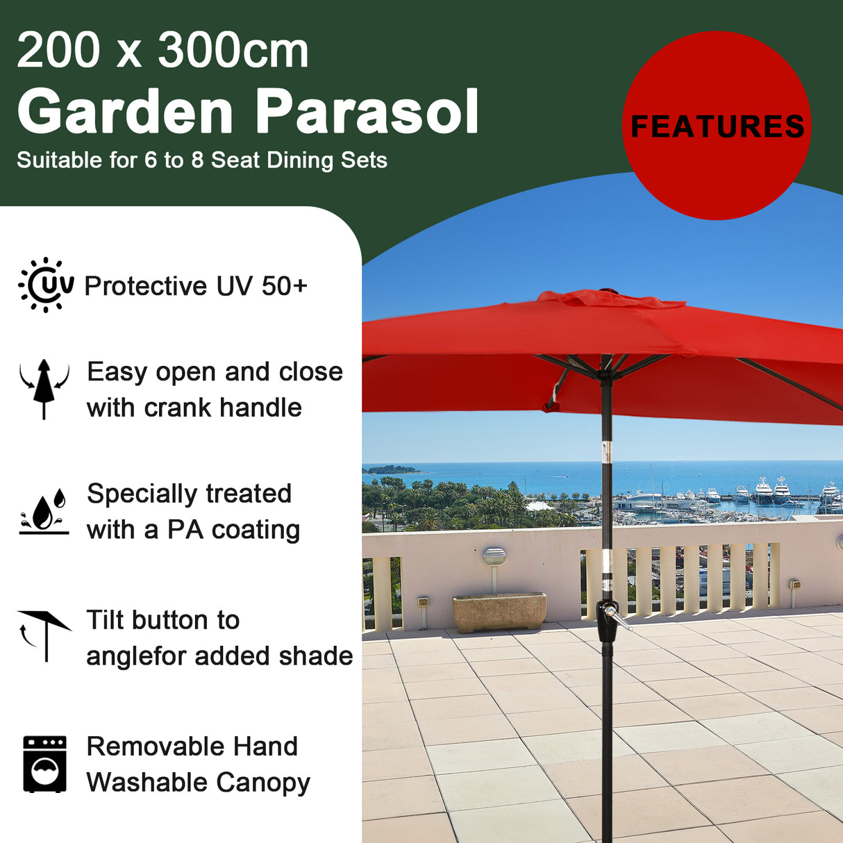 300x200cm Sonnenschirm Rechteck Sonneschirm aus aus Aluminium, Stahl und Polyester