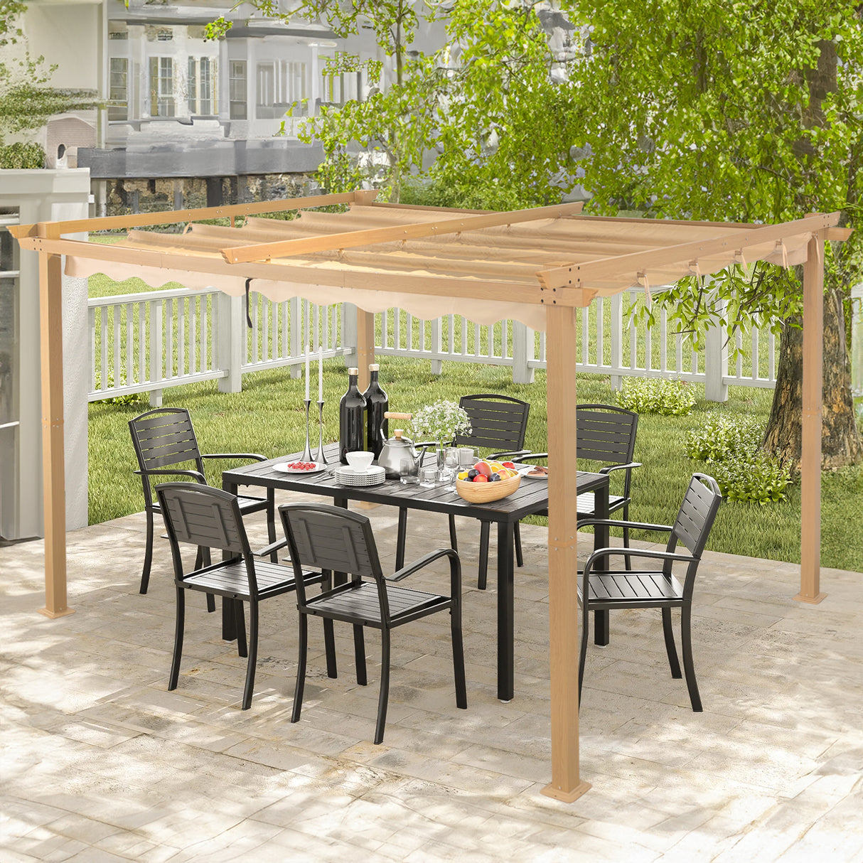 Angel Living Garten Pergola Pavillon Gartenpavillon aus Aluminium in anthrazit, Dachrohre aus Stahl, Verstellbares Dach aus Polyester Cremegelb