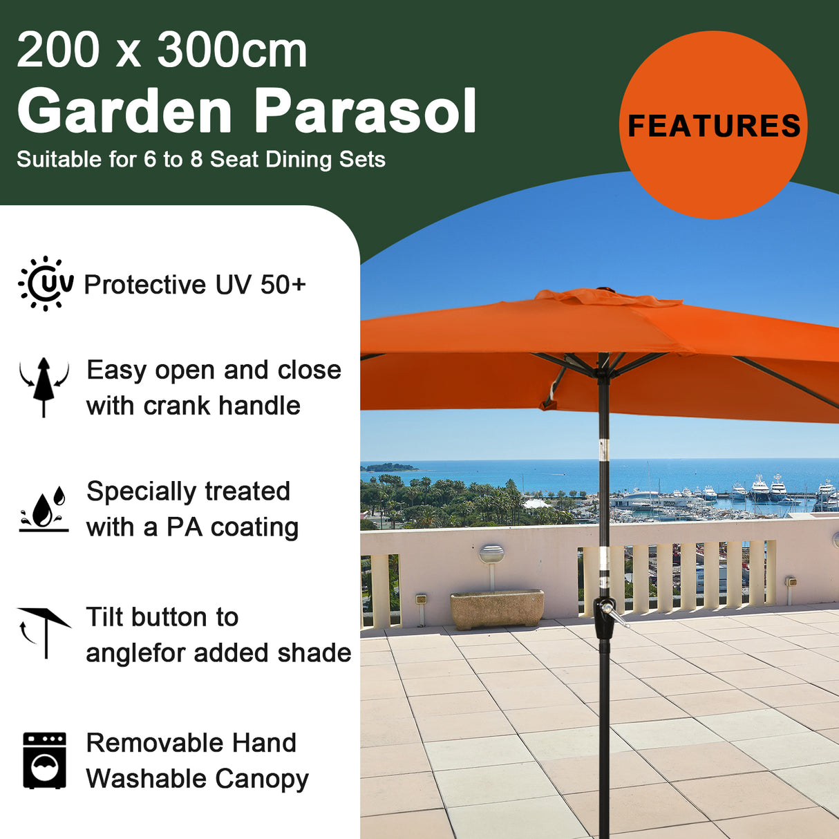 300x200cm Sonnenschirm Rechteck Sonneschirm aus aus Aluminium, Stahl und Polyester