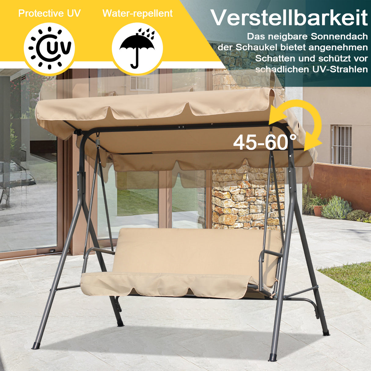 Hollywoodschaukel Gartenschaukel 3 Sitzer mit Sonnenschutz 173x110x151cm