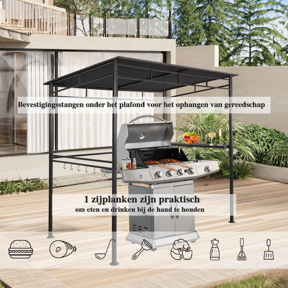 Angel Living Grillpavillon 218x150x215cm, Winddicht mit Seitenregalen Gartenpavillon Regalen Gartenlauben mit UV-Schutz, BBQ Pavillon aus Stahl, Gartenzelt Grillzelt für Party BBQ Grau