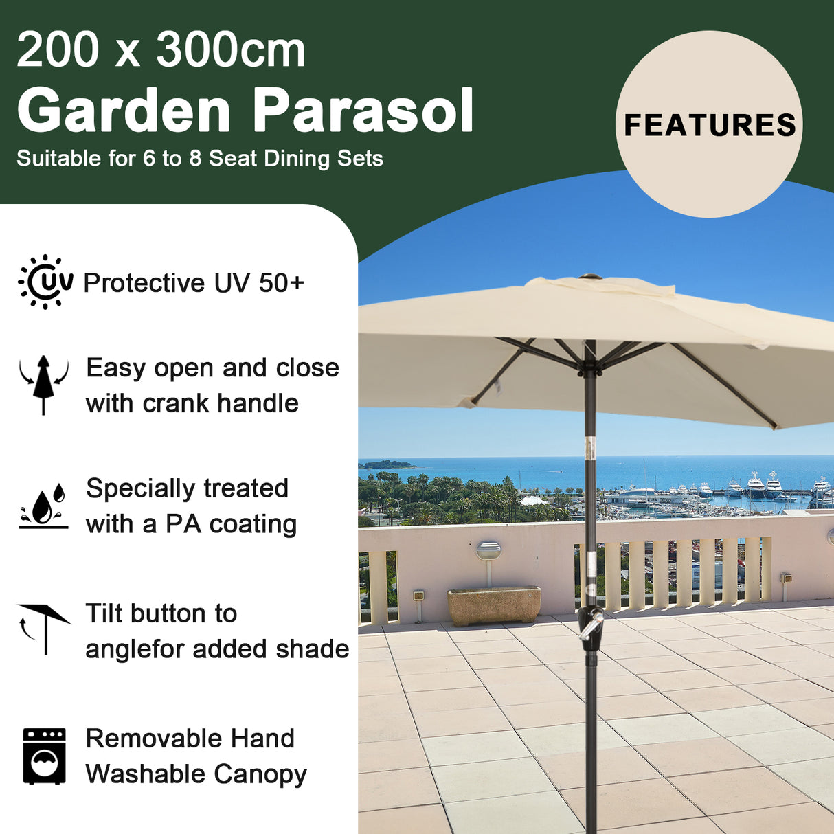 300x200cm Sonnenschirm Rechteck Sonneschirm aus aus Aluminium, Stahl und Polyester