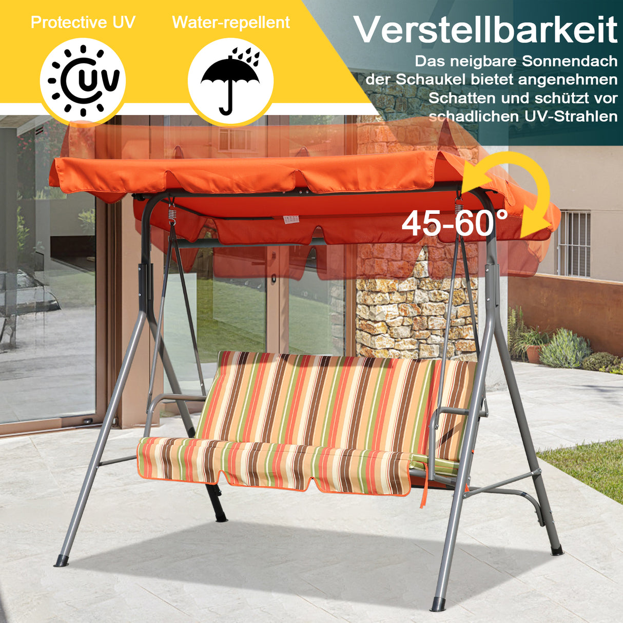 Hollywoodschaukel Gartenschaukel 3 Sitzer mit Sonnenschutz 173x110x151cm