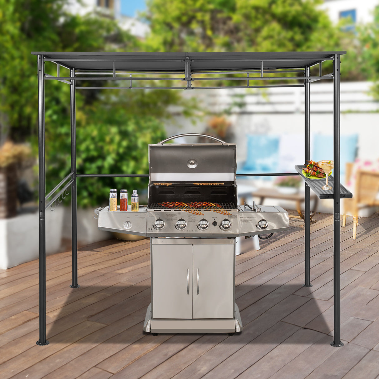 Angel Living Grillpavillon 218x150x215cm, Winddicht mit Seitenregalen Gartenpavillon Regalen Gartenlauben mit UV-Schutz, BBQ Pavillon aus Stahl, Gartenzelt Grillzelt für Party BBQ Grau