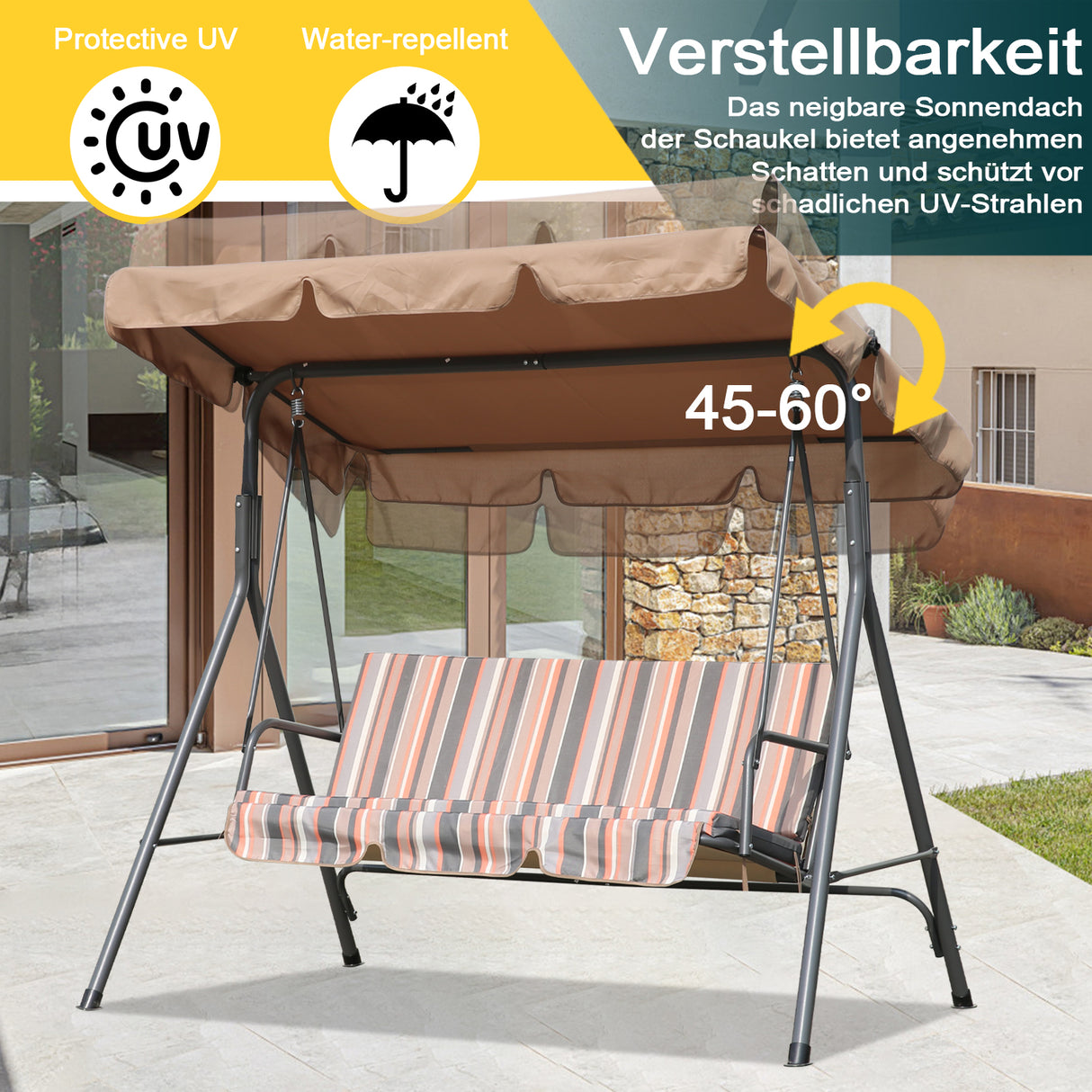 Hollywoodschaukel Gartenschaukel 3 Sitzer mit Sonnenschutz 173x110x151cm