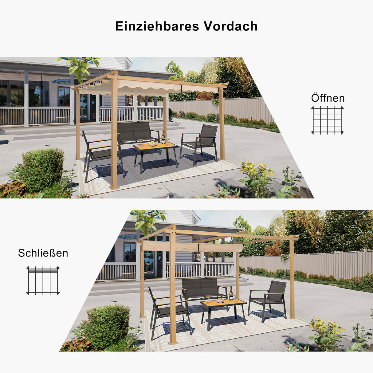 Angel Living Garten Pergola Pavillon Gartenpavillon aus Aluminium in anthrazit, Dachrohre aus Stahl, Verstellbares Dach aus Polyester Cremegelb