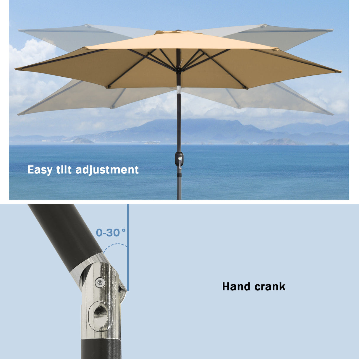 Sonnenschirm aus Aluminium, 250 cm, mit Kurbel-Kippmechanismus, Sonnenschutz UV 50+