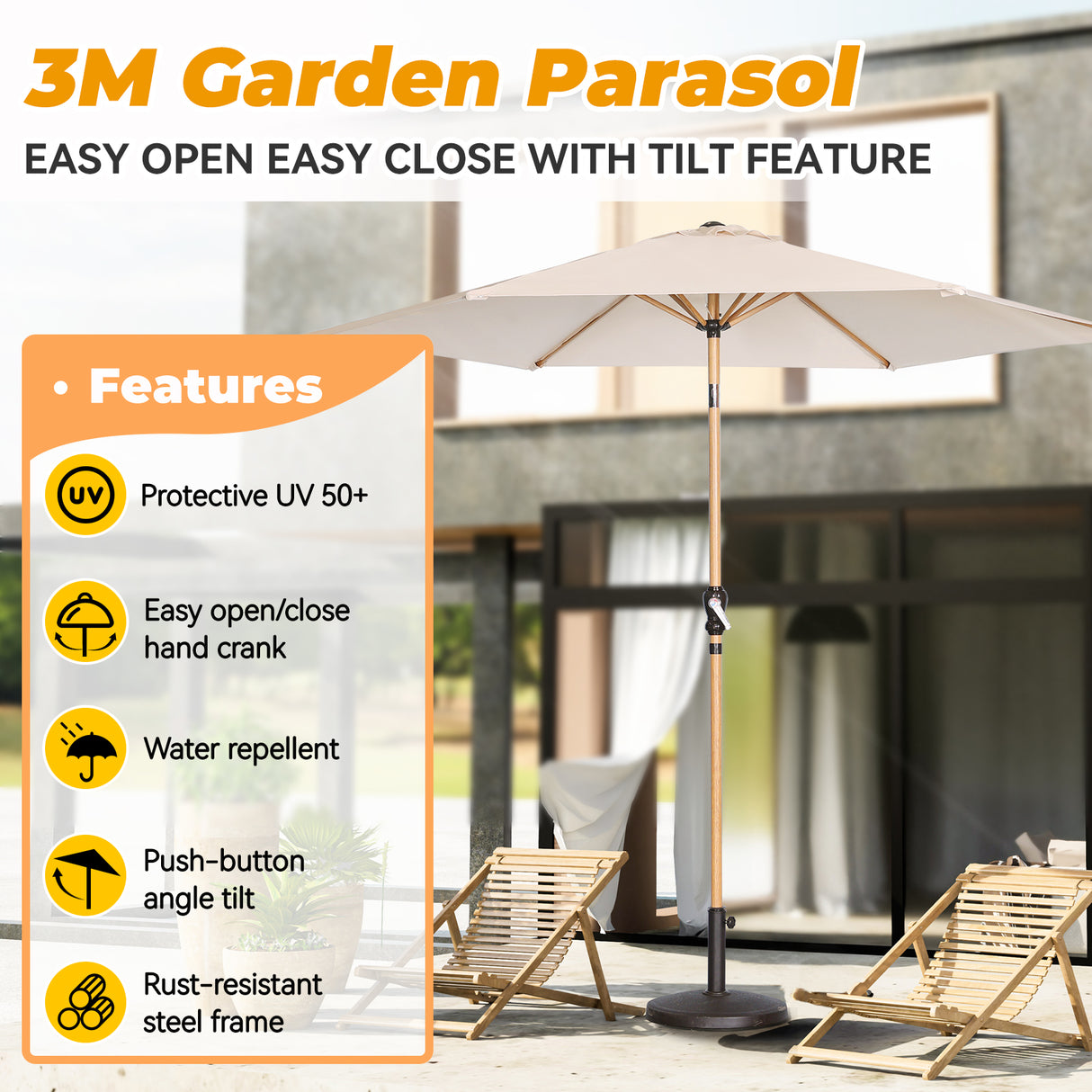 Angel Living Sonnenschirm Ø 300 cm Gartenschirm Marktschirm Terrassenschirm Taupe Rund Sonneschirm Sonnenschutz aus Aluminium und Polyester UV50+ (Cremegelb)