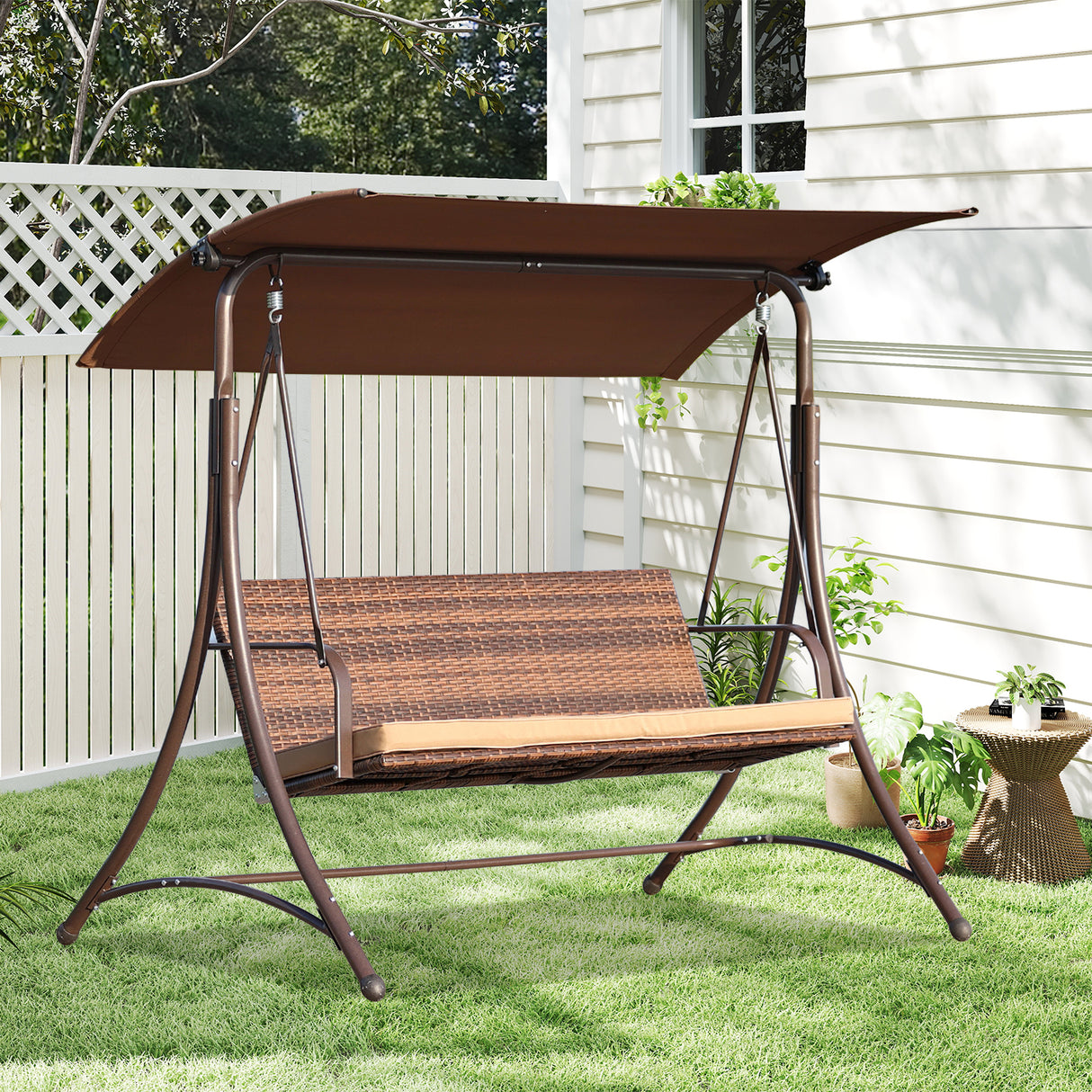 Gartenschaukel 159T, mit braunem Dach und gewebtem Rattanstuhl, 170x110x153cm (3 Sitze)