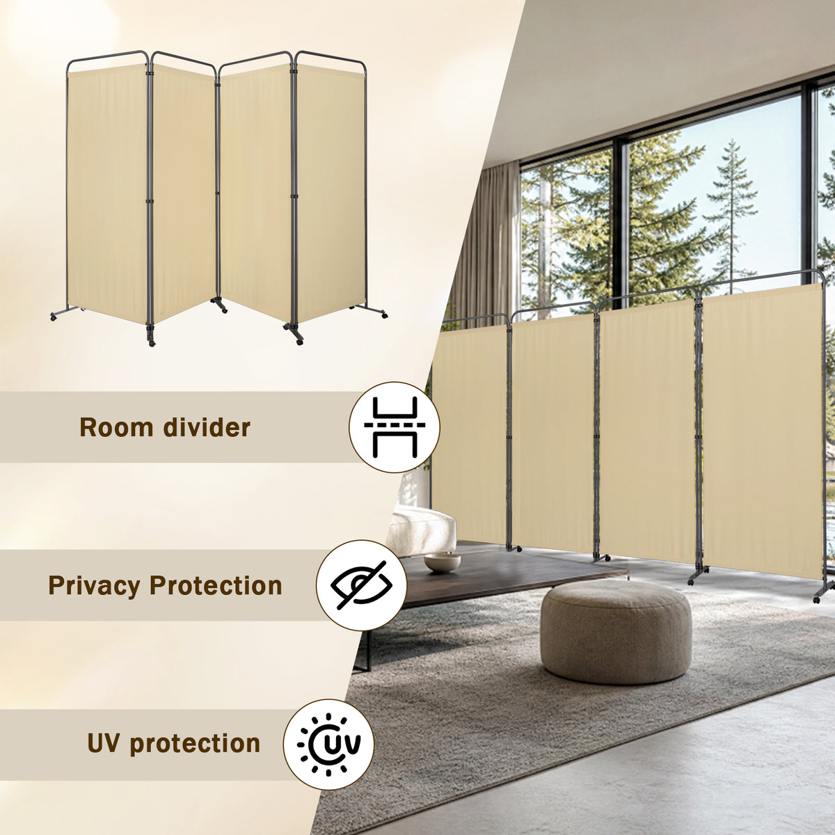 Angel Living Paravent 4 Teilig 324x184 cm, Faltbare Trennwand Spanische Wand Raumteiler, Dekorativer Paravent als Raumtrenner für Wohnzimmer Büro Balkon