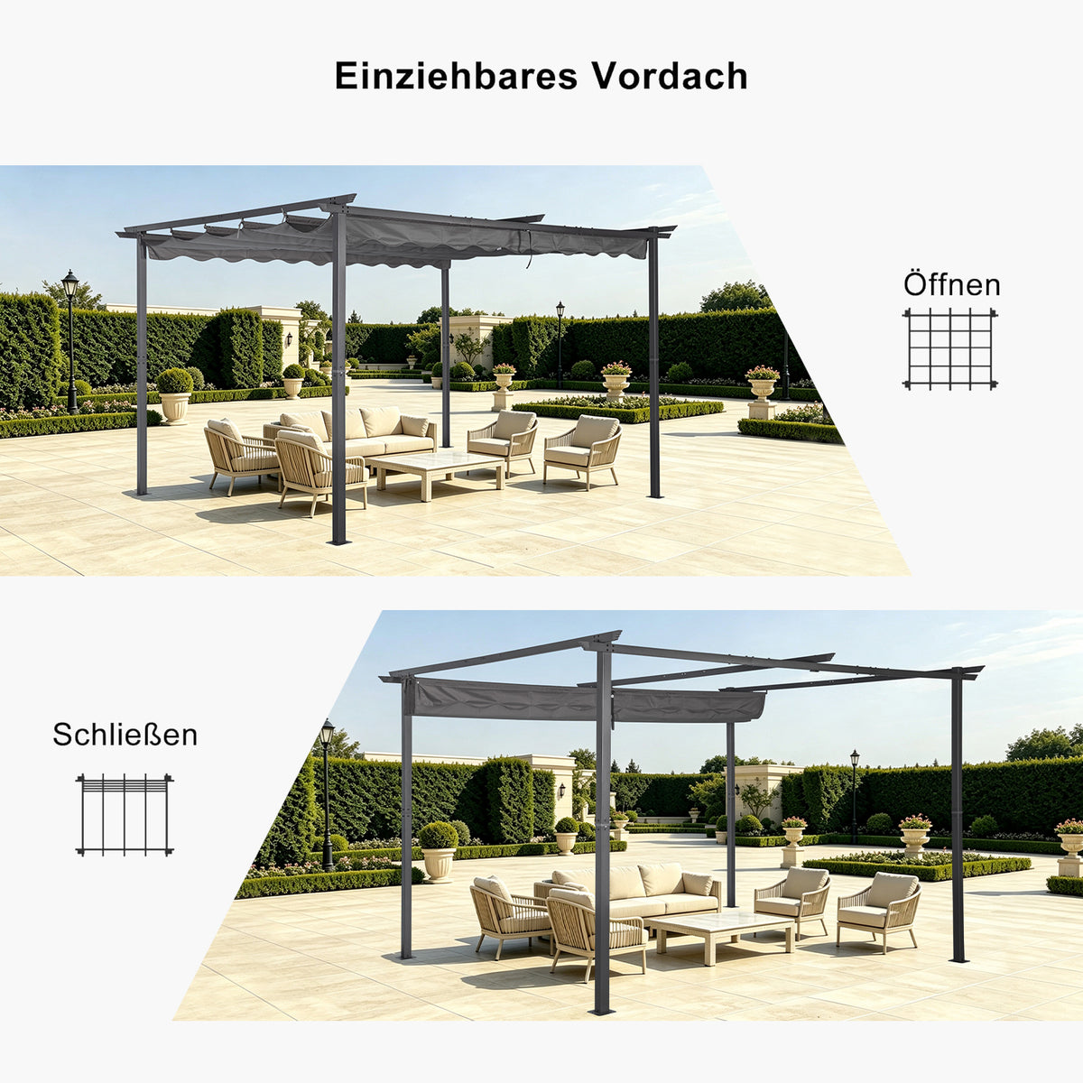 Angel Living Pergola aus einer Stahl-Aluminium-Kombination mit einziehbarem Dach, wasserdichtes Dach aus Polyester mit PU-Beschichtung, UV-beständig, für den Außenbereich: Garten, Terrasse