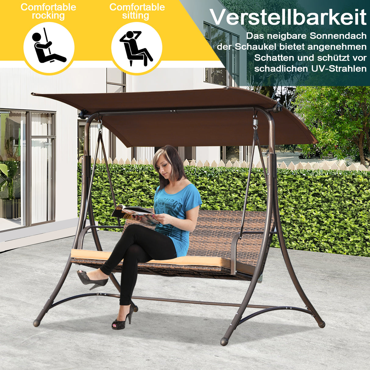 Gartenschaukel 159T, mit braunem Dach und gewebtem Rattanstuhl, 170x110x153cm (3 Sitze)