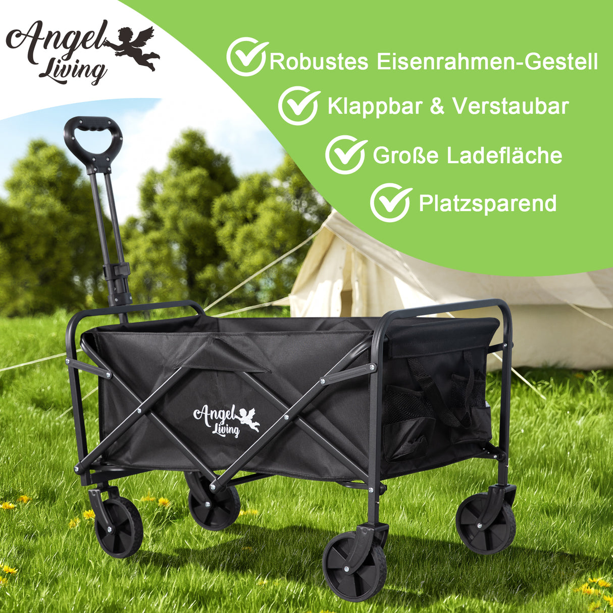Angel Living Bollerwagen Faltbar 200L mit Tragkraft bis 100KG, Handwagen Klappbar, Faltbarer Campingwagen mit Höhenverstellbarem Griff, Leicht und Platzsparend, Stabil, 600D Oxford-Gewebe, Schwarz