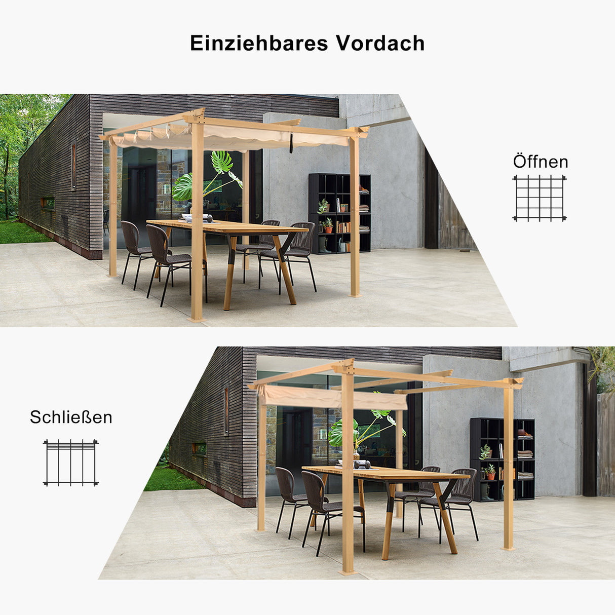 Angel Living Garten Pergola Pavillon Gartenpavillon aus Aluminium in anthrazit, Dachrohre aus Stahl, Verstellbares Dach aus Polyester Cremegelb