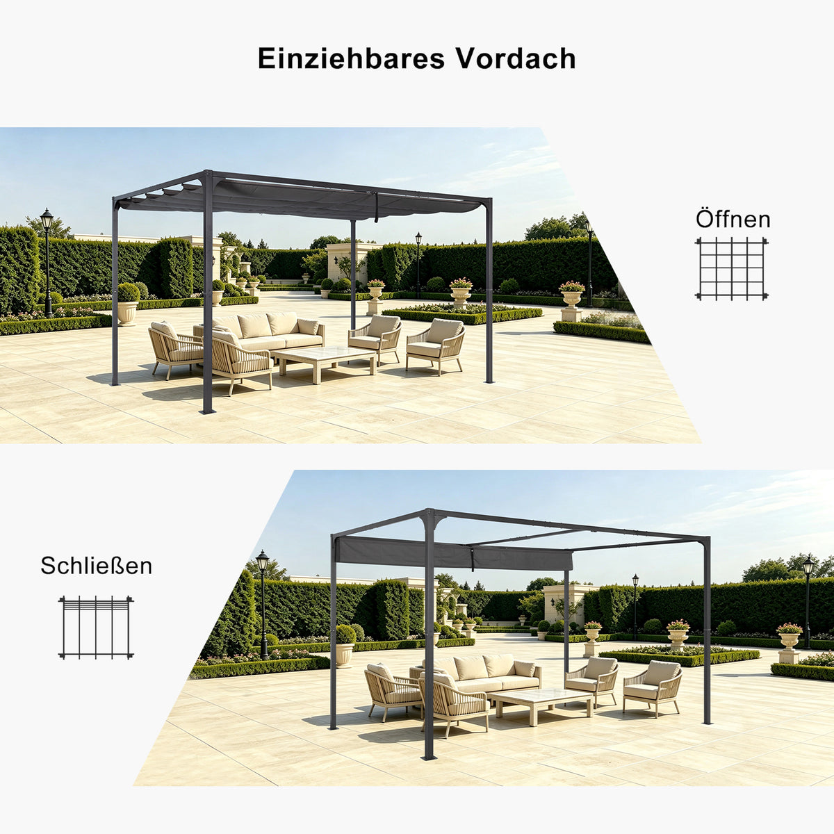 Angel Living Pergola aus einer Stahl-Aluminium-Kombination mit einziehbarem Dach, wasserdichtes Dach ohne Einfassung aus Polyester mit PU-Beschichtung, UV-beständig, für den Außenbereich: Garten, Terrasse