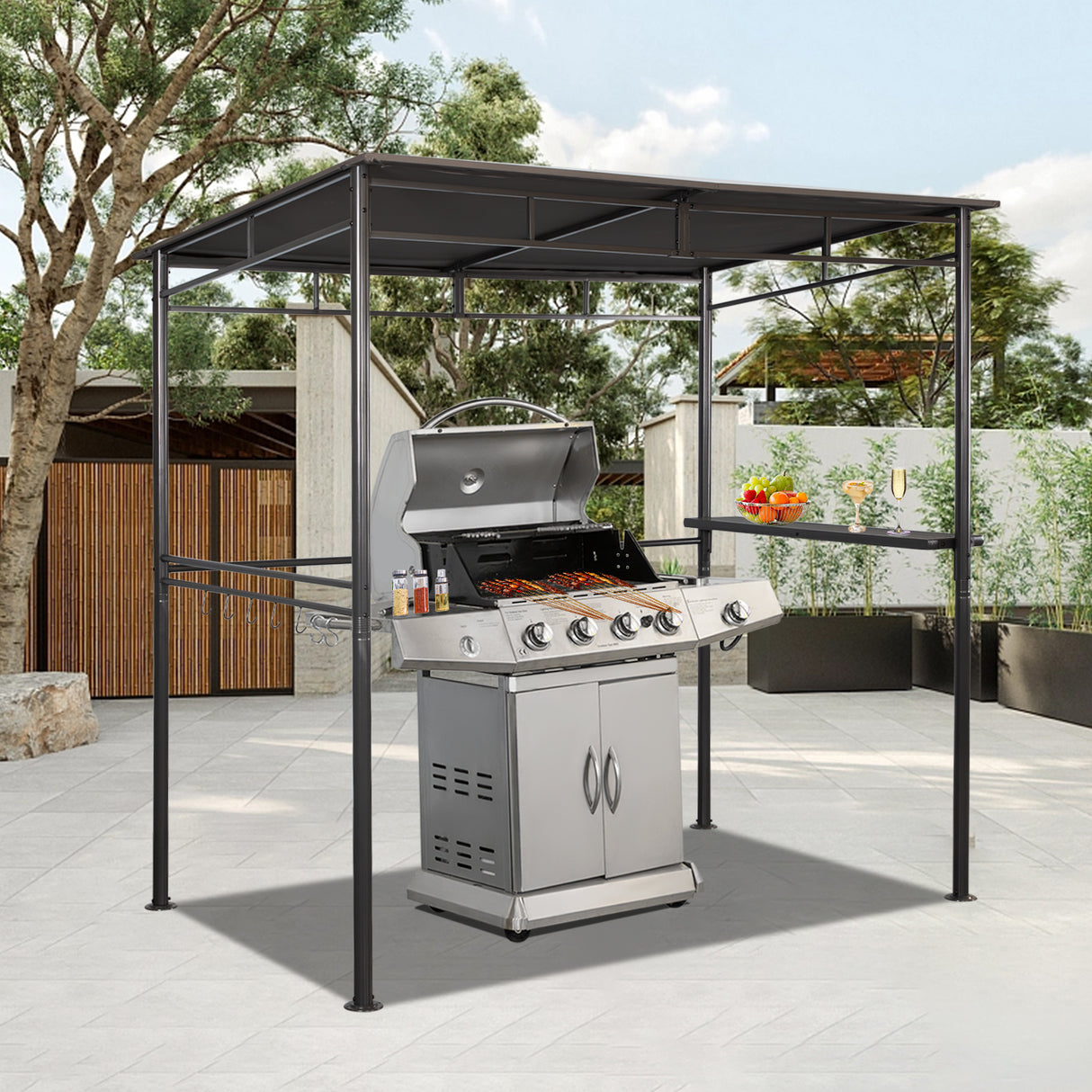 Angel Living Grillpavillon 218x150x215cm, Winddicht mit Seitenregalen Gartenpavillon Regalen Gartenlauben mit UV-Schutz, BBQ Pavillon aus Stahl, Gartenzelt Grillzelt für Party BBQ Grau