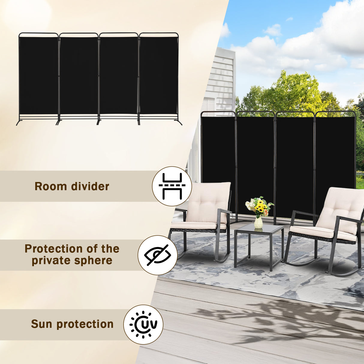 Angel Living Paravent 4 Teilig Klappbar Raumteiler für Büros, Balkon,Schlafzimmer,Außengarten, 324cm x 180cm