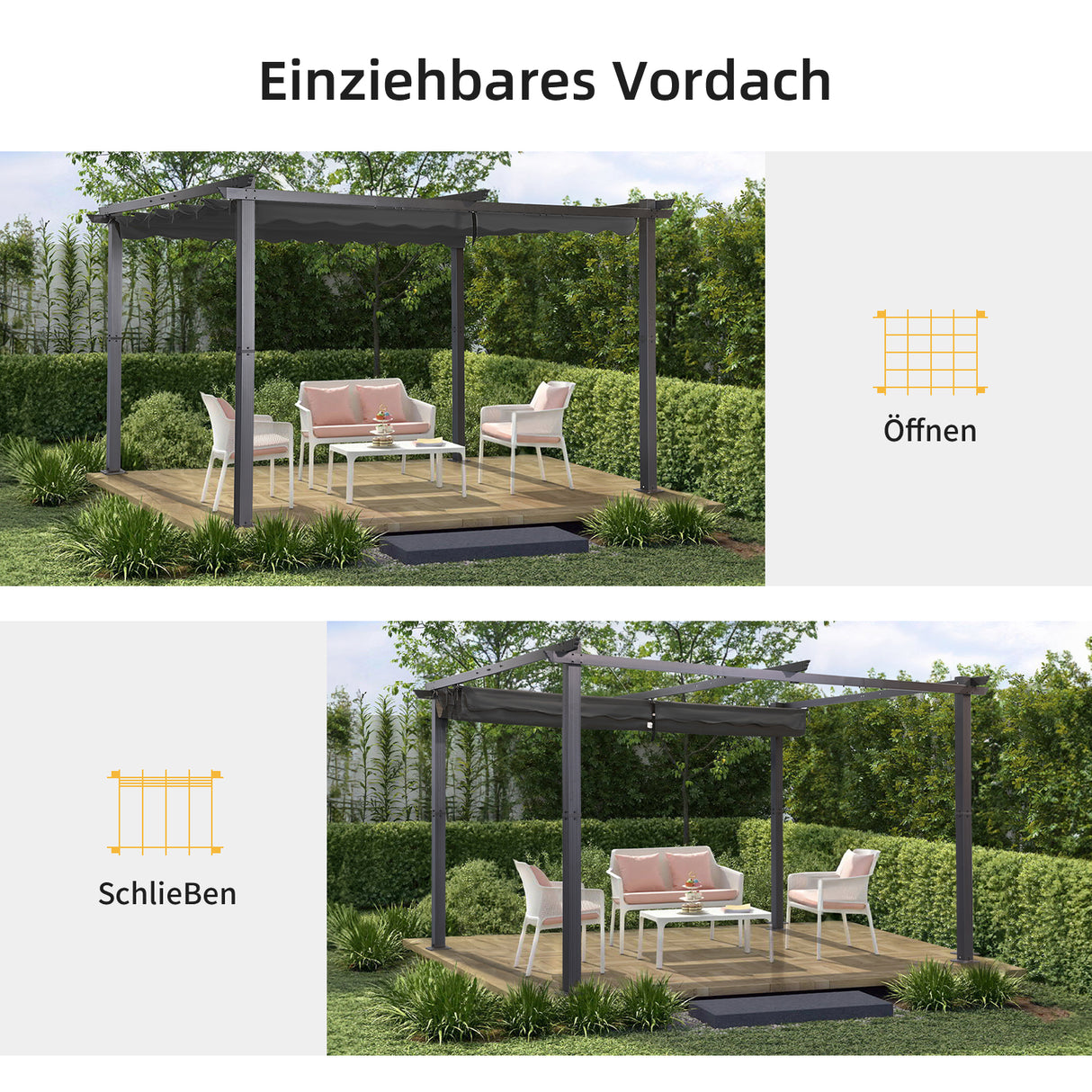 Angel Living Garten Pergola Pavillon Gartenpavillon aus Aluminium in anthrazit, Dachrohre aus Stahl, Verstellbares Dach aus Polyester