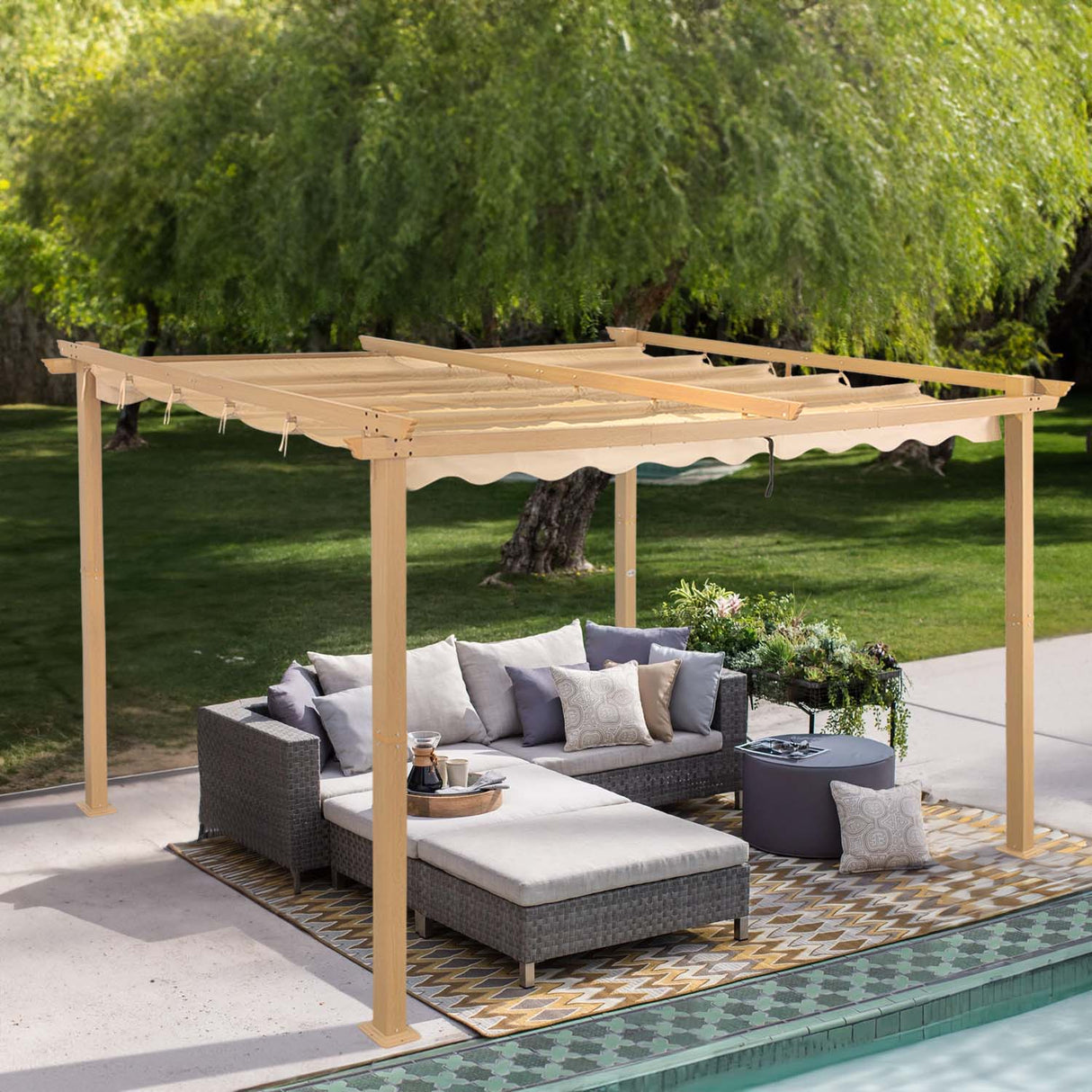 Angel Living Garten Pergola Pavillon Gartenpavillon aus Aluminium in anthrazit, Dachrohre aus Stahl, Verstellbares Dach aus Polyester Cremegelb