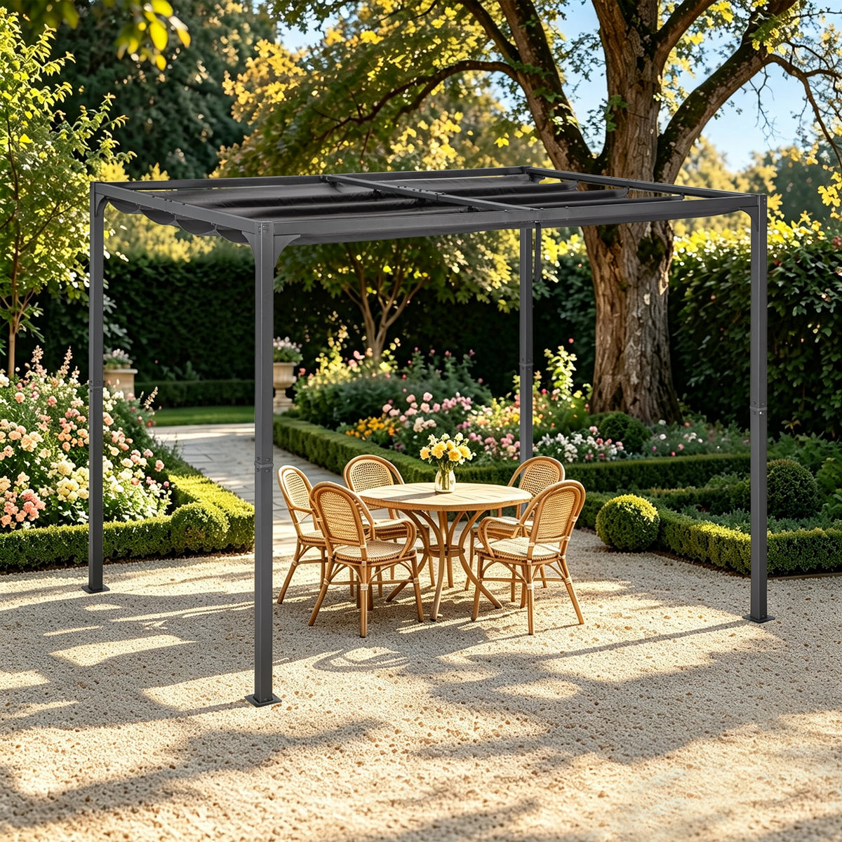 Angel Living Pergola aus einer Stahl-Aluminium-Kombination, 3 x 2 m, mit einziehbarem Dach, wasserdichtes Dach ohne Einfassung aus Polyester mit PU-Beschichtung, UV-beständig, für den Außenbereich: Garten, Terrasse