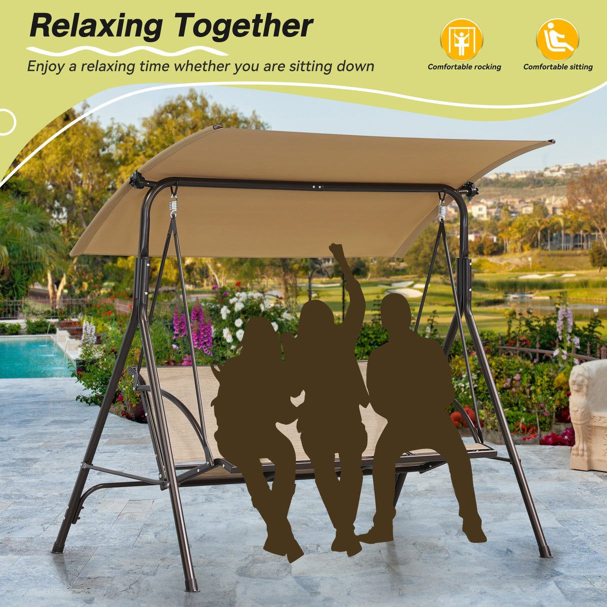 Angel Living Hollywoodschaukel Gartenschaukel 3 Sitzer mit Sonnenschutz aus Stahl Braun 170 x 110 x152cm