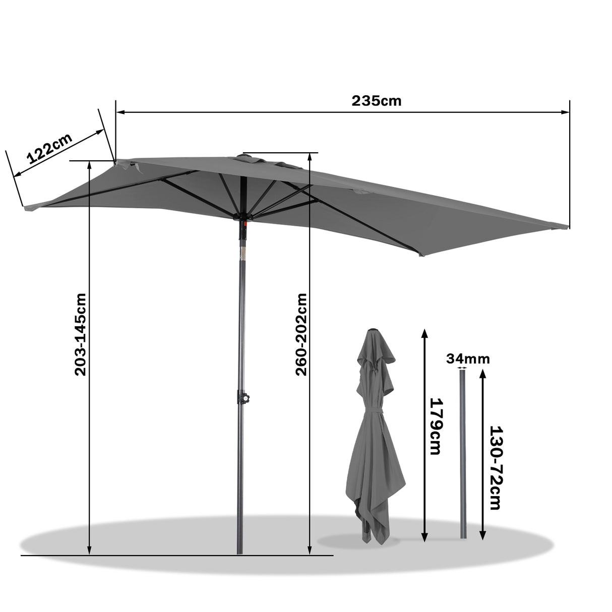 Angel Living Halbrunder Sonnenschirm 235x122cm für Balkon & Terrasse, Schwenkbar links/rechts, Aluminium-Kurbel, UV-Schutz