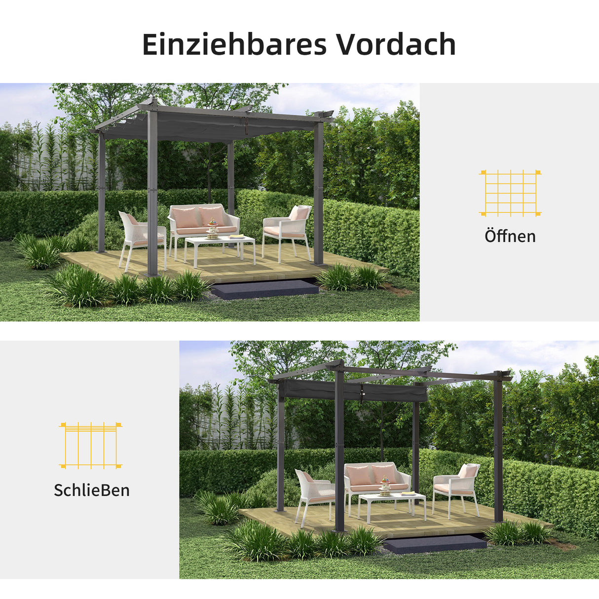 Angel Living Garten Pergola Pavillon Gartenpavillon aus Aluminium in anthrazit, Dachrohre aus Stahl, Verstellbares Dach aus Polyester