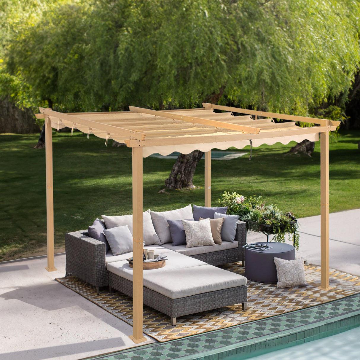 Angel Living Garten Pergola Pavillon Gartenpavillon aus Aluminium in anthrazit, Dachrohre aus Stahl, Verstellbares Dach aus Polyester Cremegelb