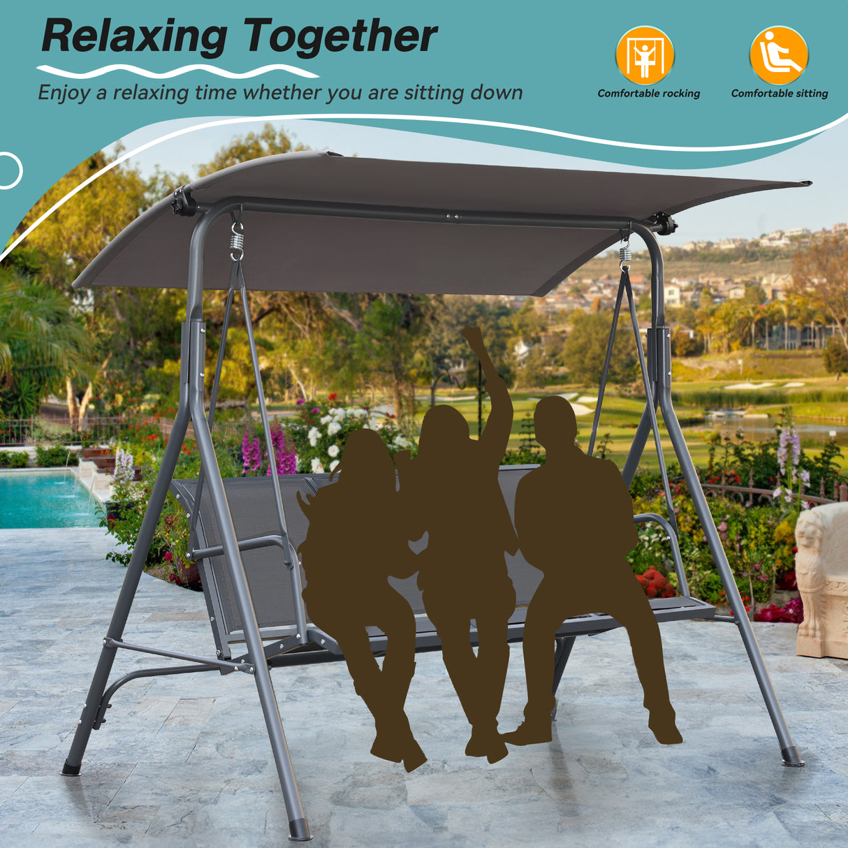 Angel Living Hollywoodschaukel Gartenschaukel 3 Sitzer mit Sonnenschutz aus Stahl Grau