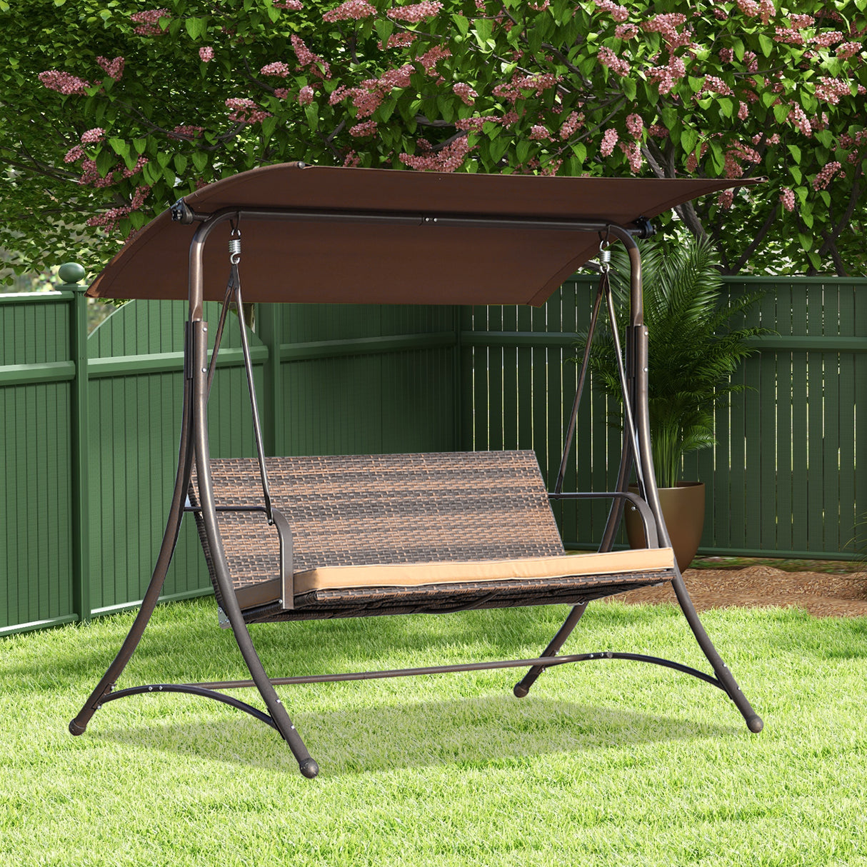 Gartenschaukel 159T, mit braunem Dach und gewebtem Rattanstuhl, 170x110x153cm (3 Sitze)