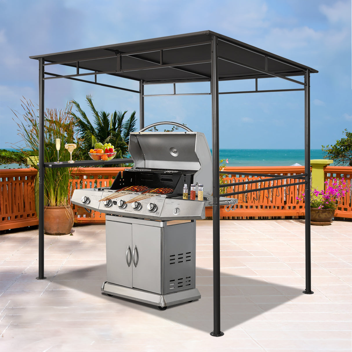 Angel Living Grillpavillon 218x150x215cm, Winddicht mit Seitenregalen Gartenpavillon Regalen Gartenlauben mit UV-Schutz, BBQ Pavillon aus Stahl, Gartenzelt Grillzelt für Party BBQ Grau