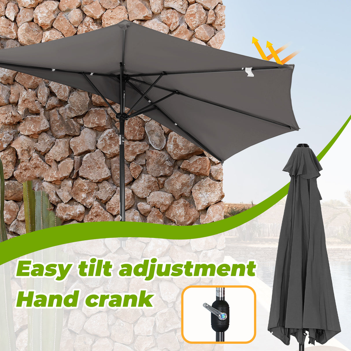 Angel Living 250cm Halbrund Sonnenschirm, Marktschirm,Terrassenschirm mit Kurbel für Garten,Terrassen,Höfe,Schwimmbäder,mit UV-Schutz 40+