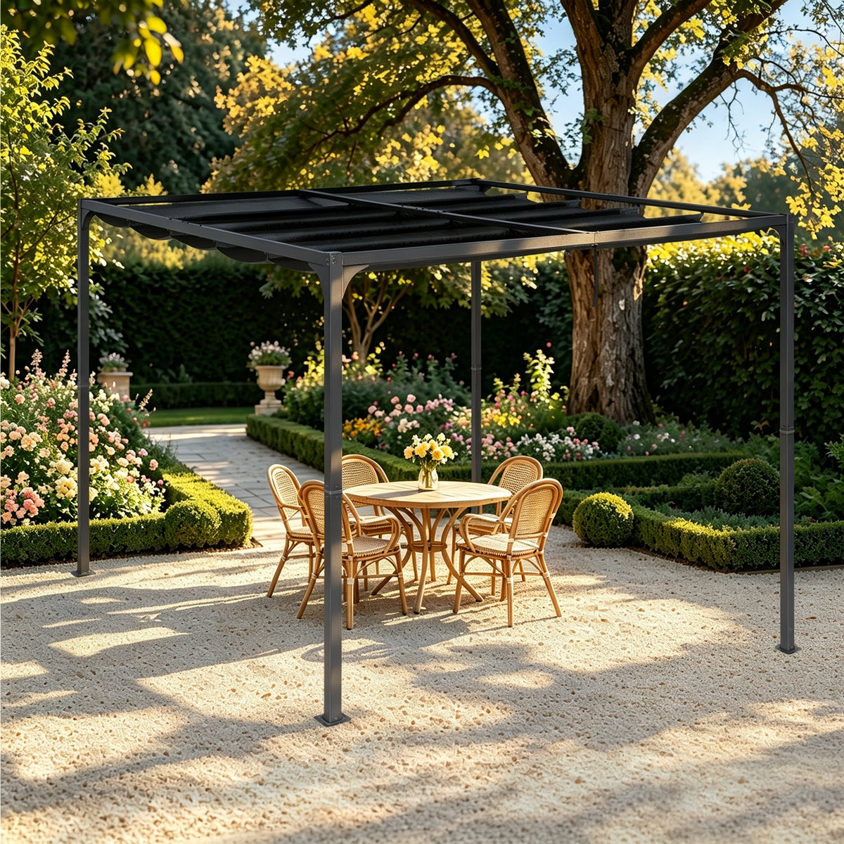 Angel Living Pergola aus einer Stahl-Aluminium-Kombination mit einziehbarem Dach, wasserdichtes Dach ohne Einfassung aus Polyester mit PU-Beschichtung, UV-beständig, für den Außenbereich: Garten, Terrasse