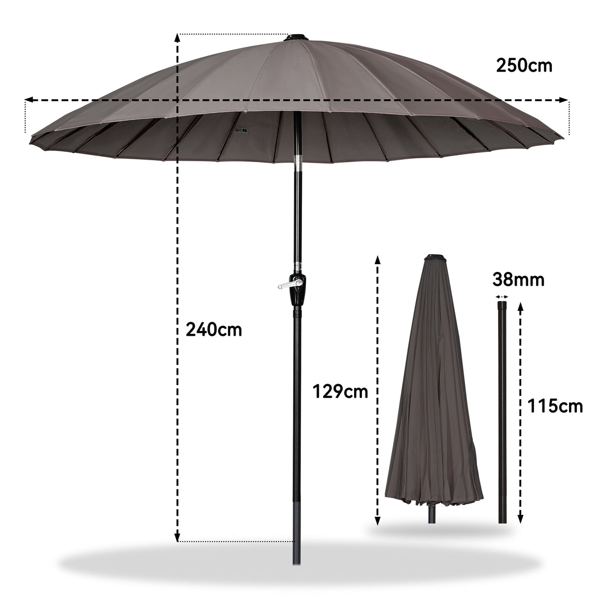 250cm Sonneschirm Sonnenschutz neigbar Rostfrei aus Aluminium, Stahl und Polyester