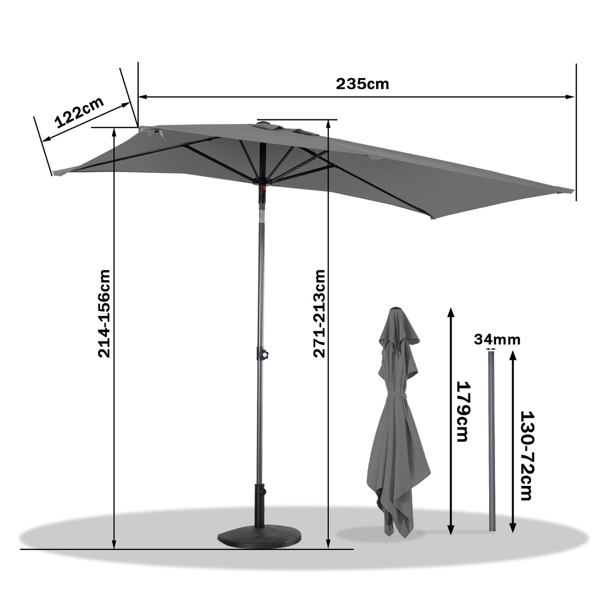 Angel Living Halbrunder Sonnenschirm 235x122cm für Balkon & Terrasse, Schwenkbar links/rechts, Aluminium-Kurbel, UV-Schutz