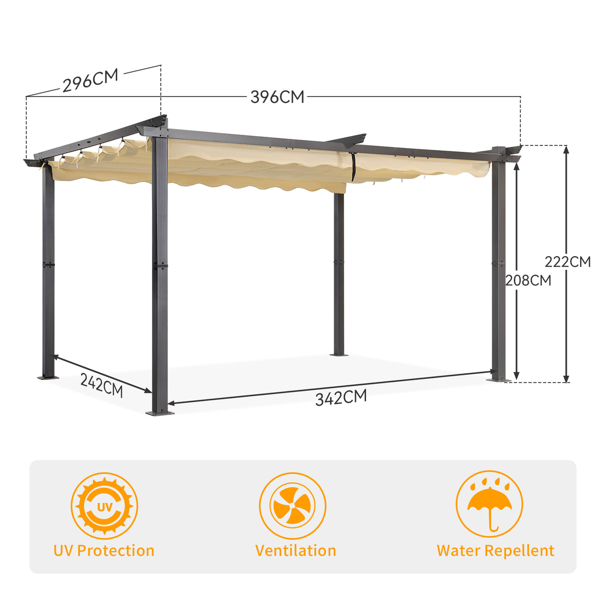 Angel Living Garten Pergola Pavillon Gartenpavillon aus Aluminium in anthrazit, Dachrohre aus Stahl, Verstellbares Dach aus Polyester