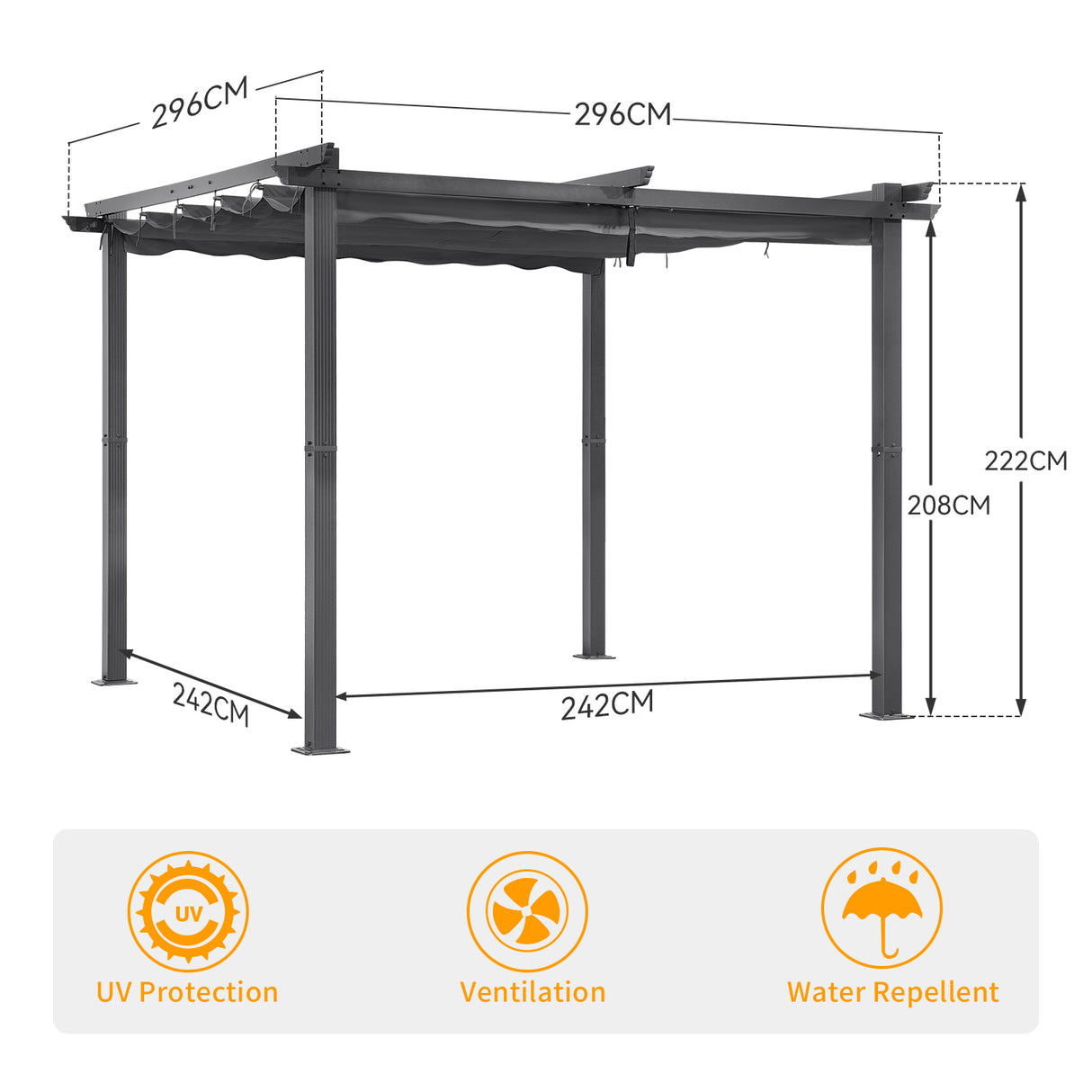 Angel Living Garten Pergola Pavillon Gartenpavillon aus Aluminium in anthrazit, Dachrohre aus Stahl, Verstellbares Dach aus Polyester