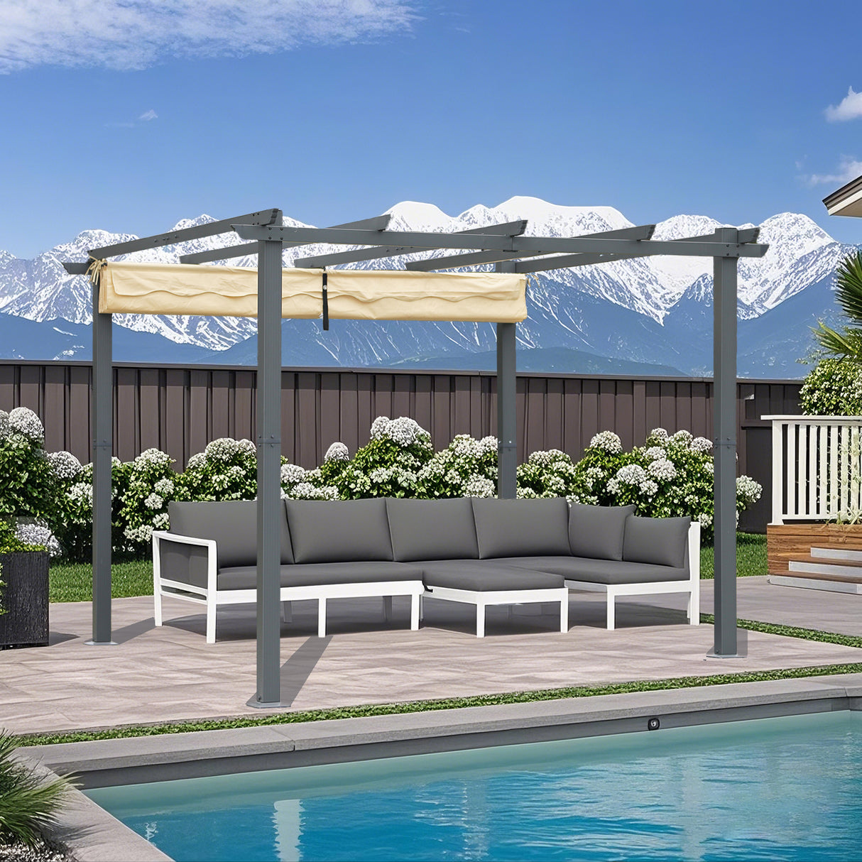 Angel Living Pergola aus Aluminium in anthrazit, Dachrohre aus Stahl, Verstellbares Dach aus Polyester