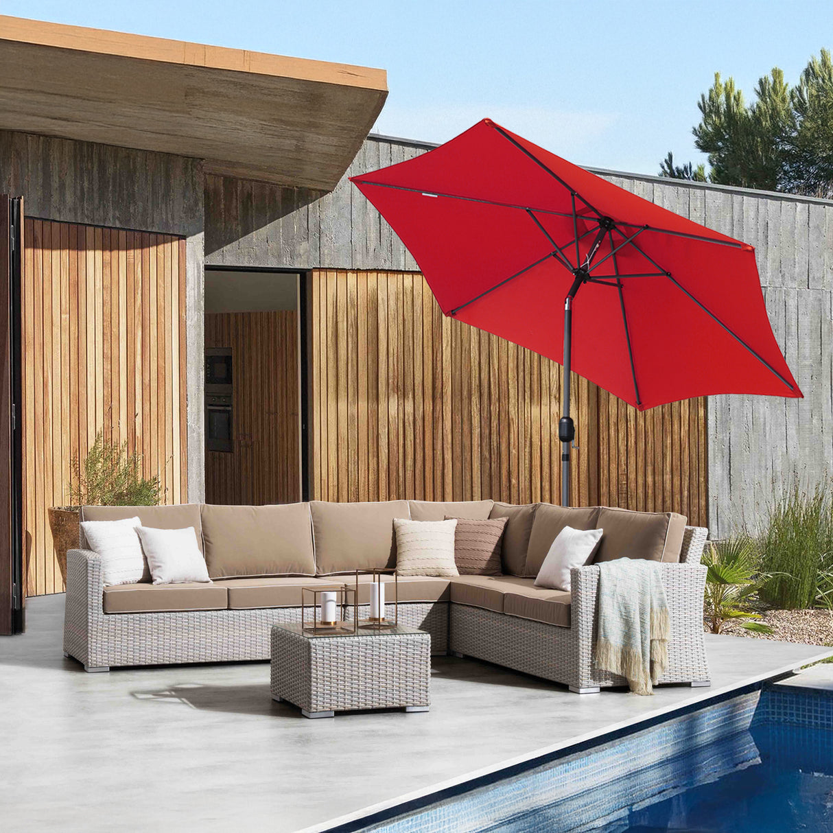 Angel Living Sonnenschirm Ø 270 cm Gartenschirm Marktschirm Terrassenschirm Taupe Rund Sonneschirm Sonnenschutz aus aus Metall, Stahl und Polyester UV50+